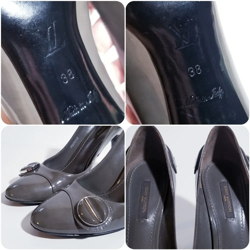 LOUIS VUITTON Sloane Patent Leather Cement Gray High Heel Pumps 38 8